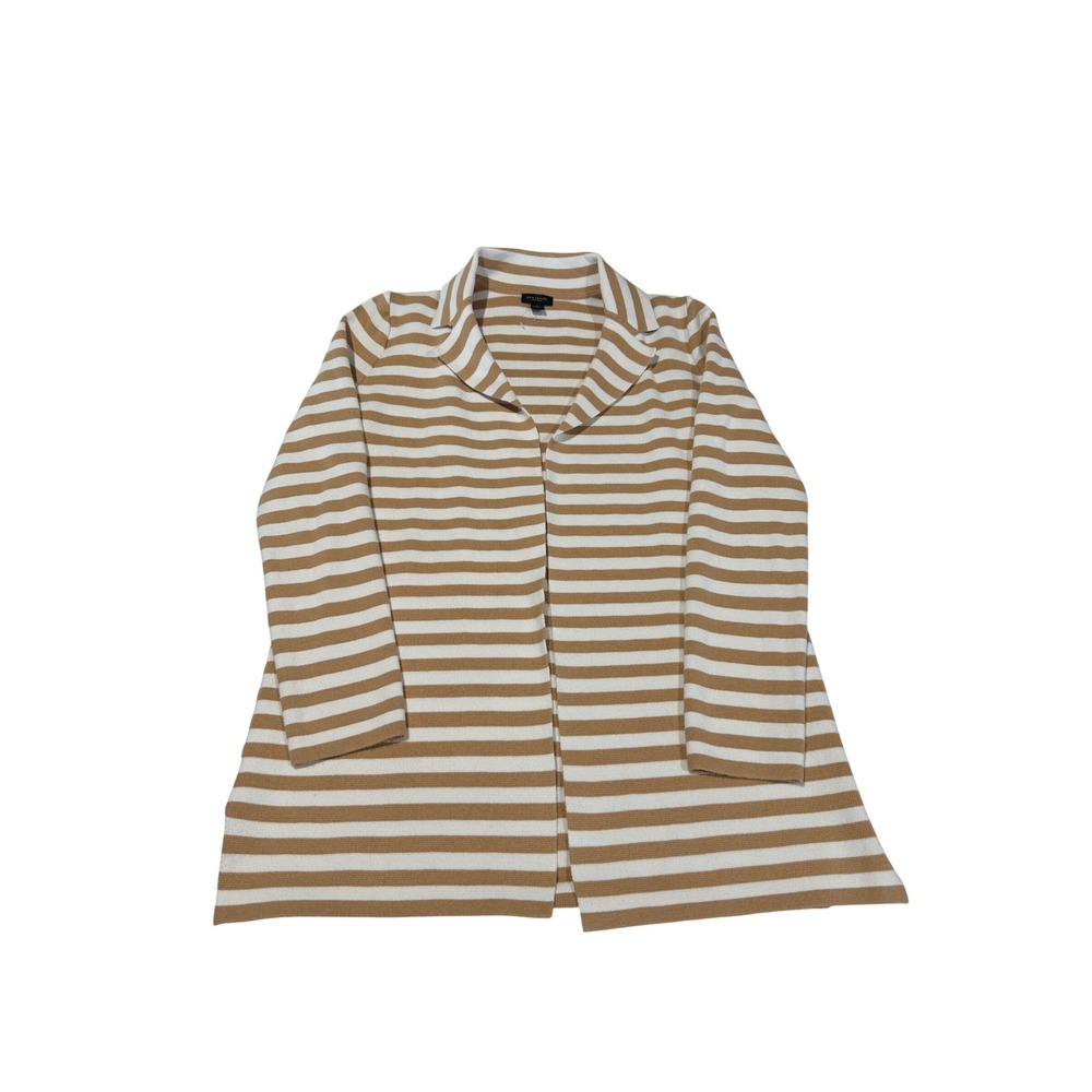 Ann Taylor Factory Womens Tan White Striped Knit Cardigan Blazer Sweater Small